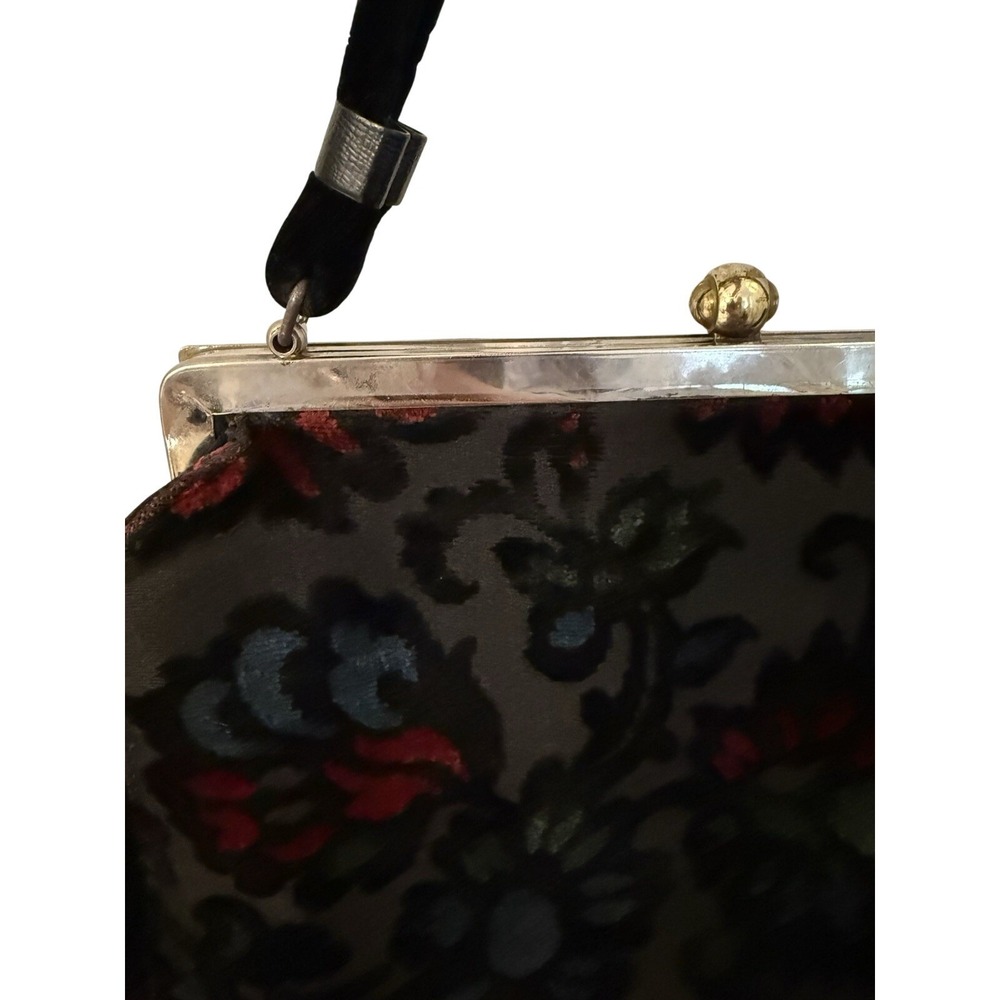Vintage Floral Velvet Burnout Frame Bag Kiss Lock Top Handle Purse Retro 50s 60s - Picture 2 of 9
